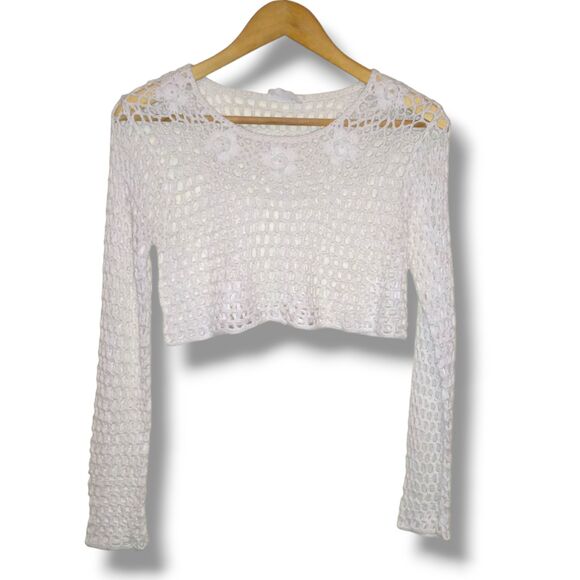 Avenu Crochet Crop Long Sleeve Top-Small-3D Flowers-Open Knit-Beach-Swim Coverup - Picture 1 of 5